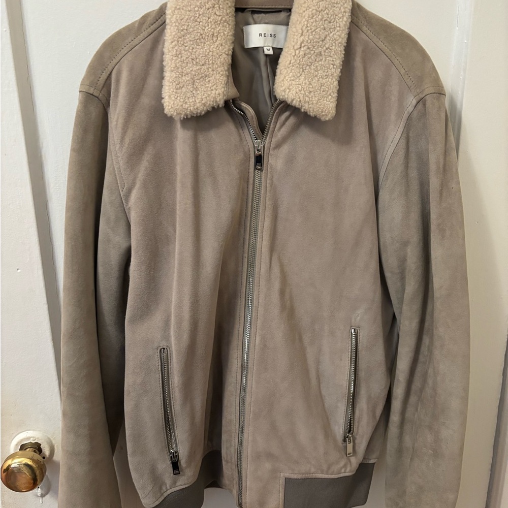 Reiss Beige Suede Bomber with Cream Collar